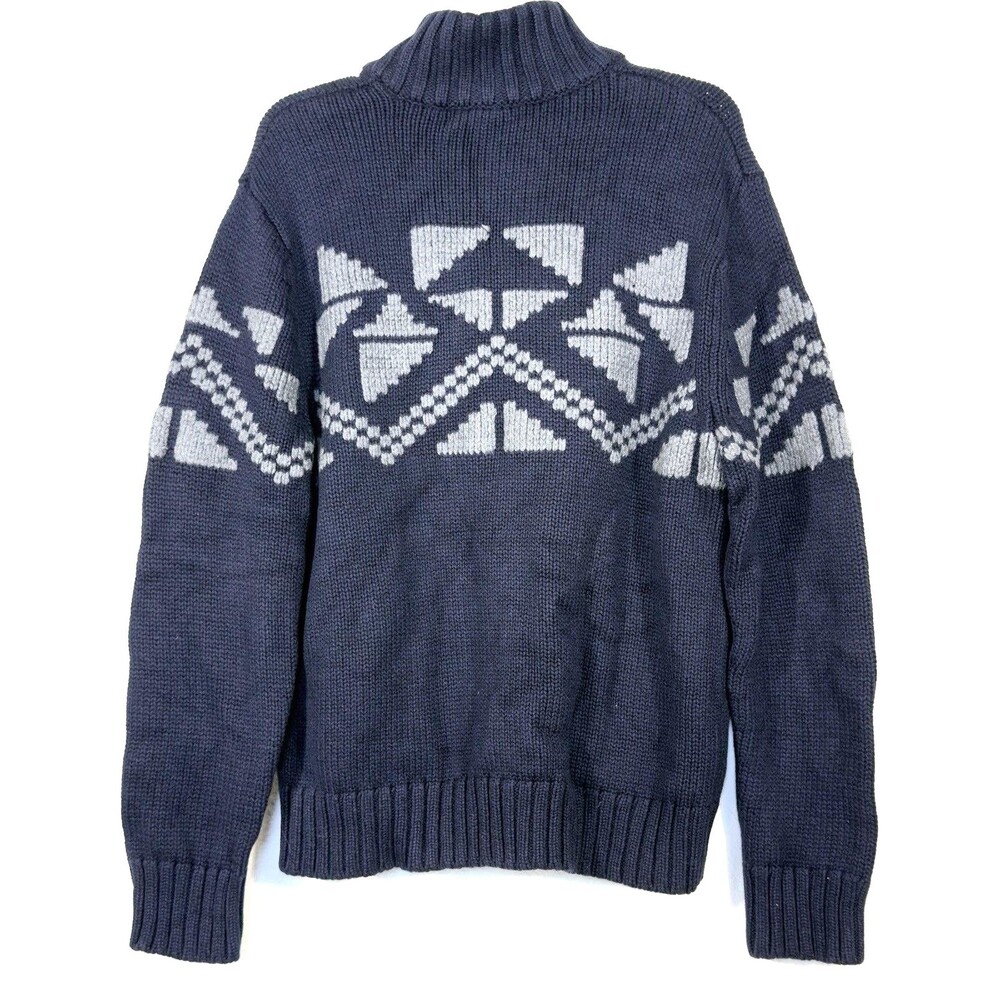 Saks Fifth Avenue Men XL Wool Cotton Full Zip Sweater Navy Geometric Fair Isle - Picture 5 of 8